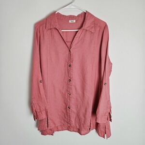 Symple Tunic Shirt Womens‎ Sz M Linen Roll Tab Sleeve Button Front Top Pink